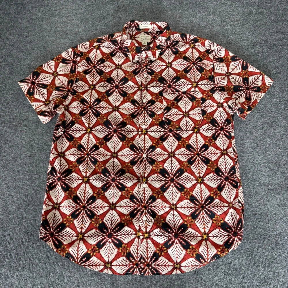 J.Crew Mens Classic Cotton Batik Floral Short‎ Sleeve Button Up Red Large Casual